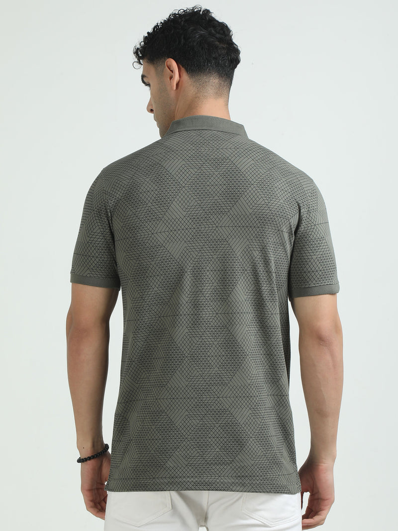 Men Olive Printed Regular Fit Half Sleeve Polo Neck T-Shirt