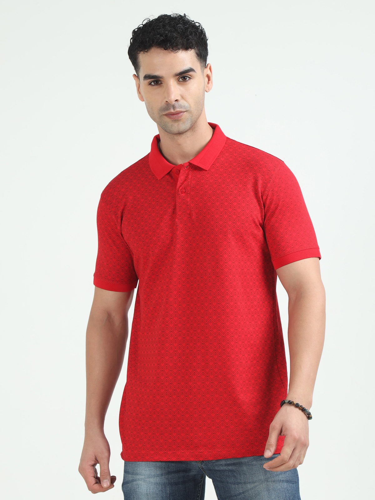 Men Red Printed Regular Fit Half Sleeve Polo Neck T-Shirt