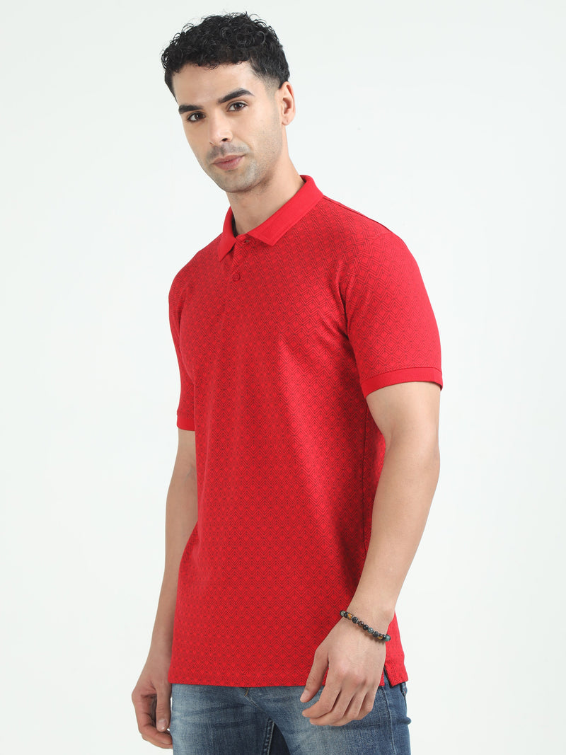 Men Red Printed Regular Fit Half Sleeve Polo Neck T-Shirt