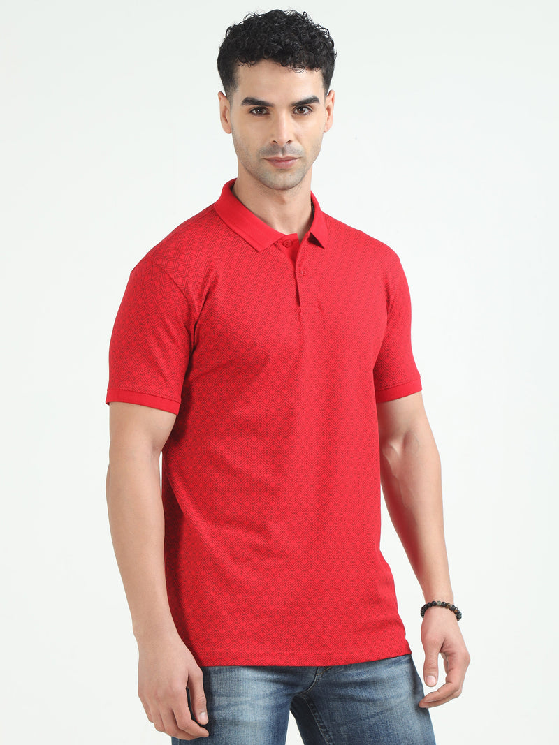 Men Red Printed Regular Fit Half Sleeve Polo Neck T-Shirt