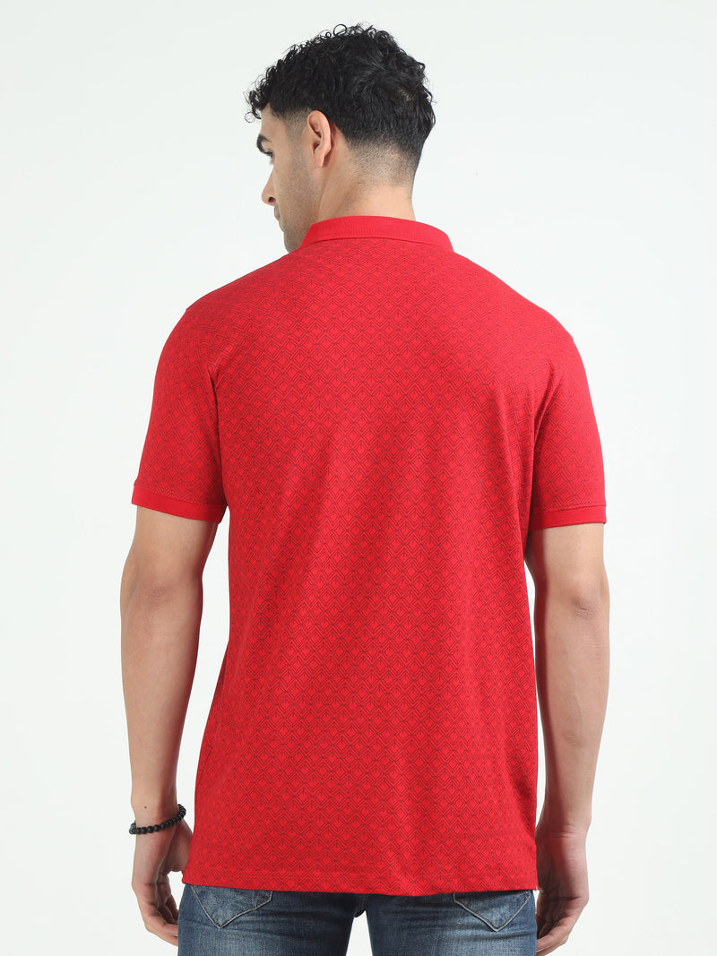 Men Red Printed Regular Fit Half Sleeve Polo Neck T-Shirt