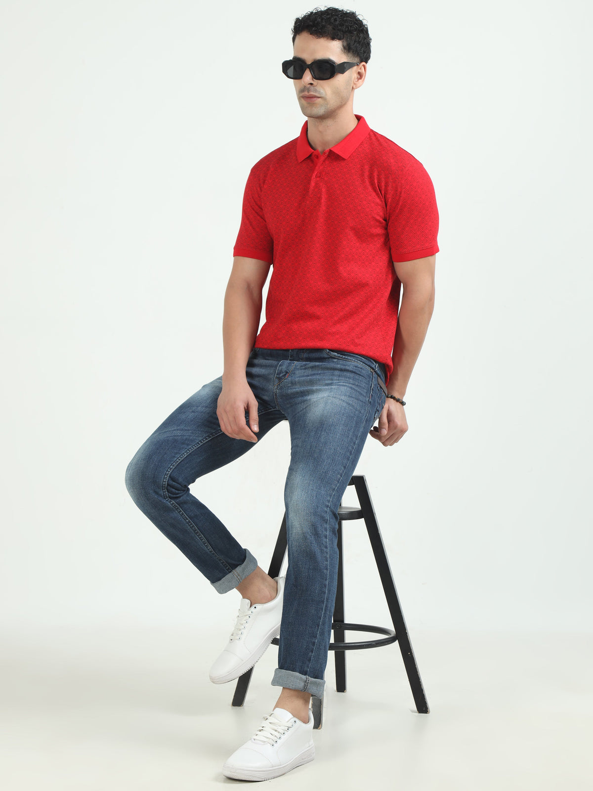 Men Red Printed Regular Fit Half Sleeve Polo Neck T-Shirt