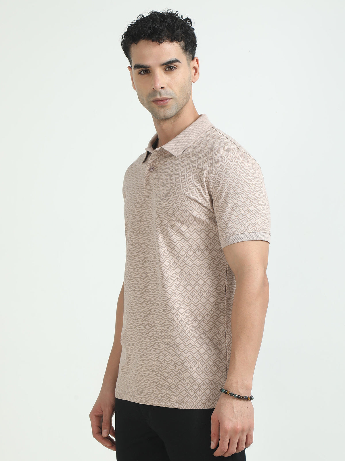 Men Beige Printed Regular Fit Half Sleeve Polo Neck T-Shirt