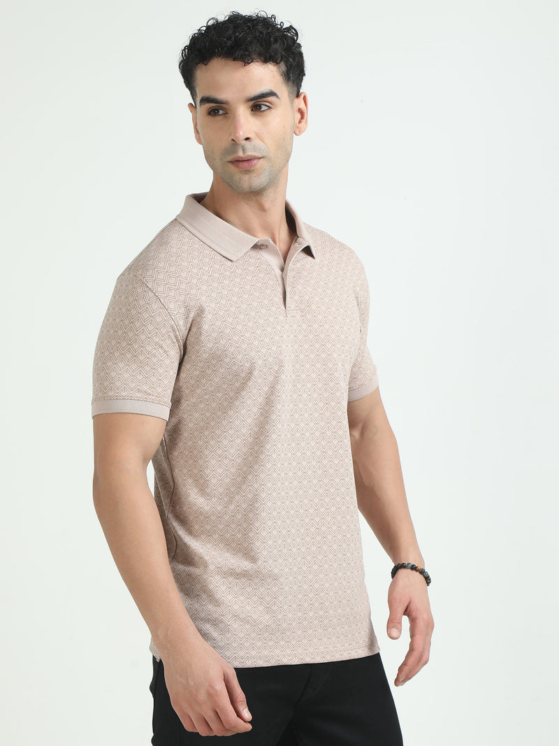 Men Beige Printed Regular Fit Half Sleeve Polo Neck T-Shirt