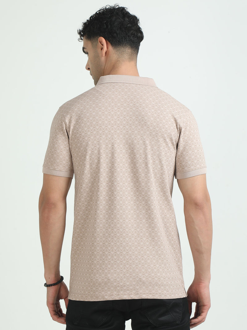 Men Beige Printed Regular Fit Half Sleeve Polo Neck T-Shirt