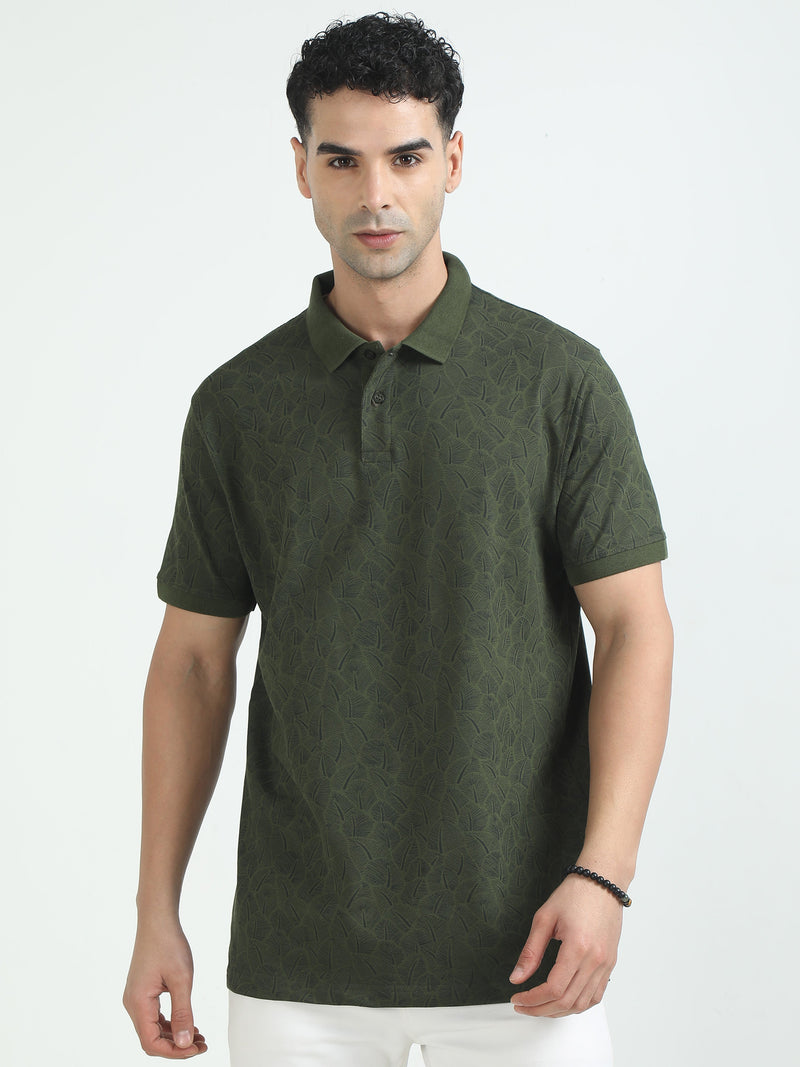 Men Dark Olive Printed Regular Fit Half Sleeve Polo Neck T-Shirt