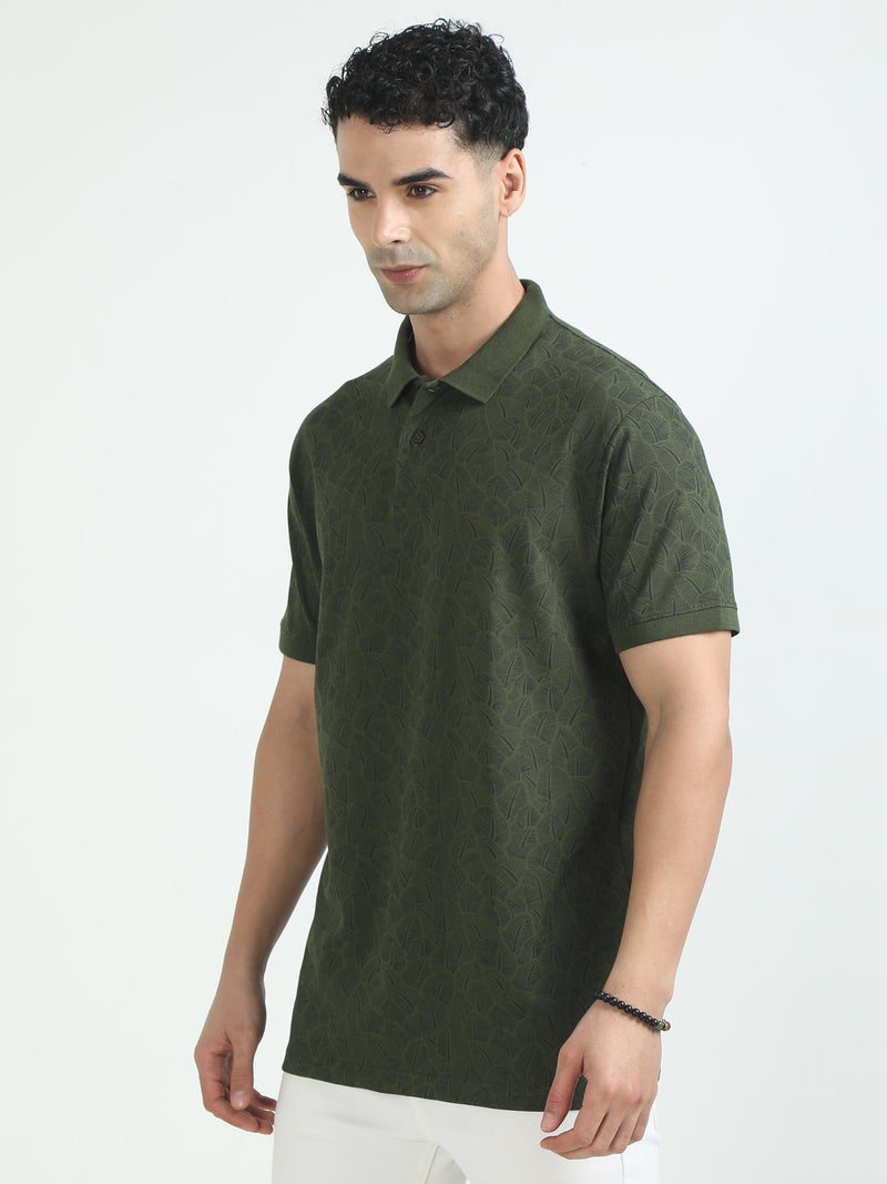 Men Dark Olive Printed Regular Fit Half Sleeve Polo Neck T-Shirt