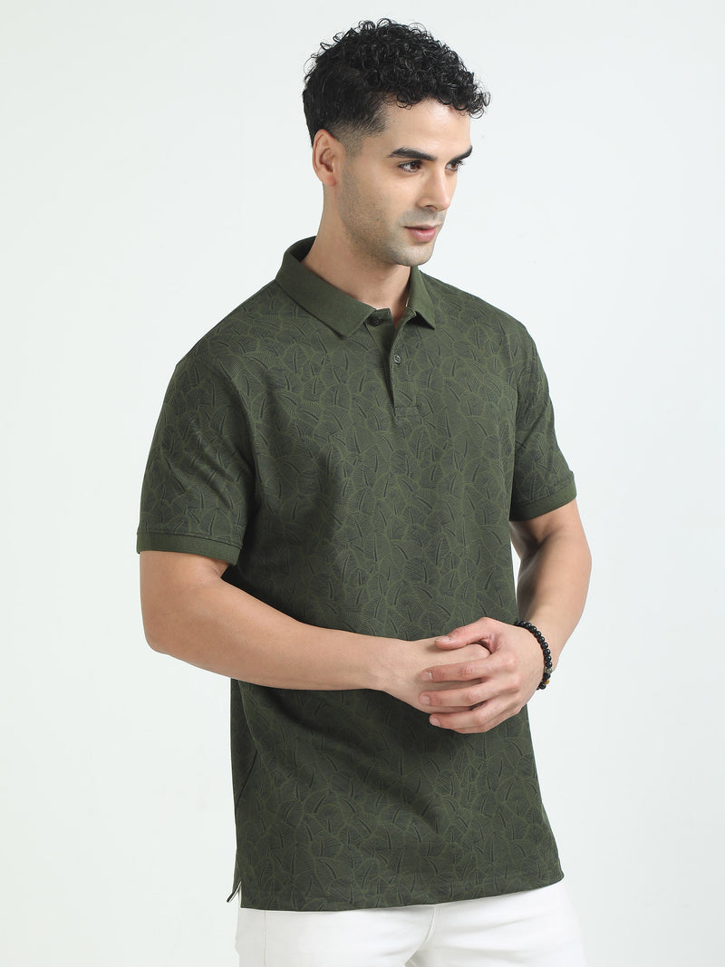 Men Dark Olive Printed Regular Fit Half Sleeve Polo Neck T-Shirt