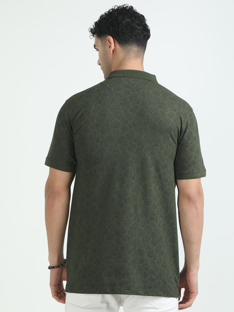 Men Dark Olive Printed Regular Fit Half Sleeve Polo Neck T-Shirt