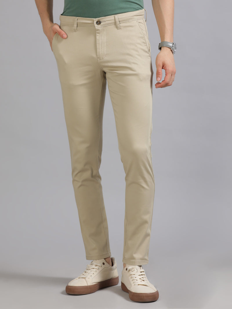 Men Beige Printed Ankle Fit Casual Trousers