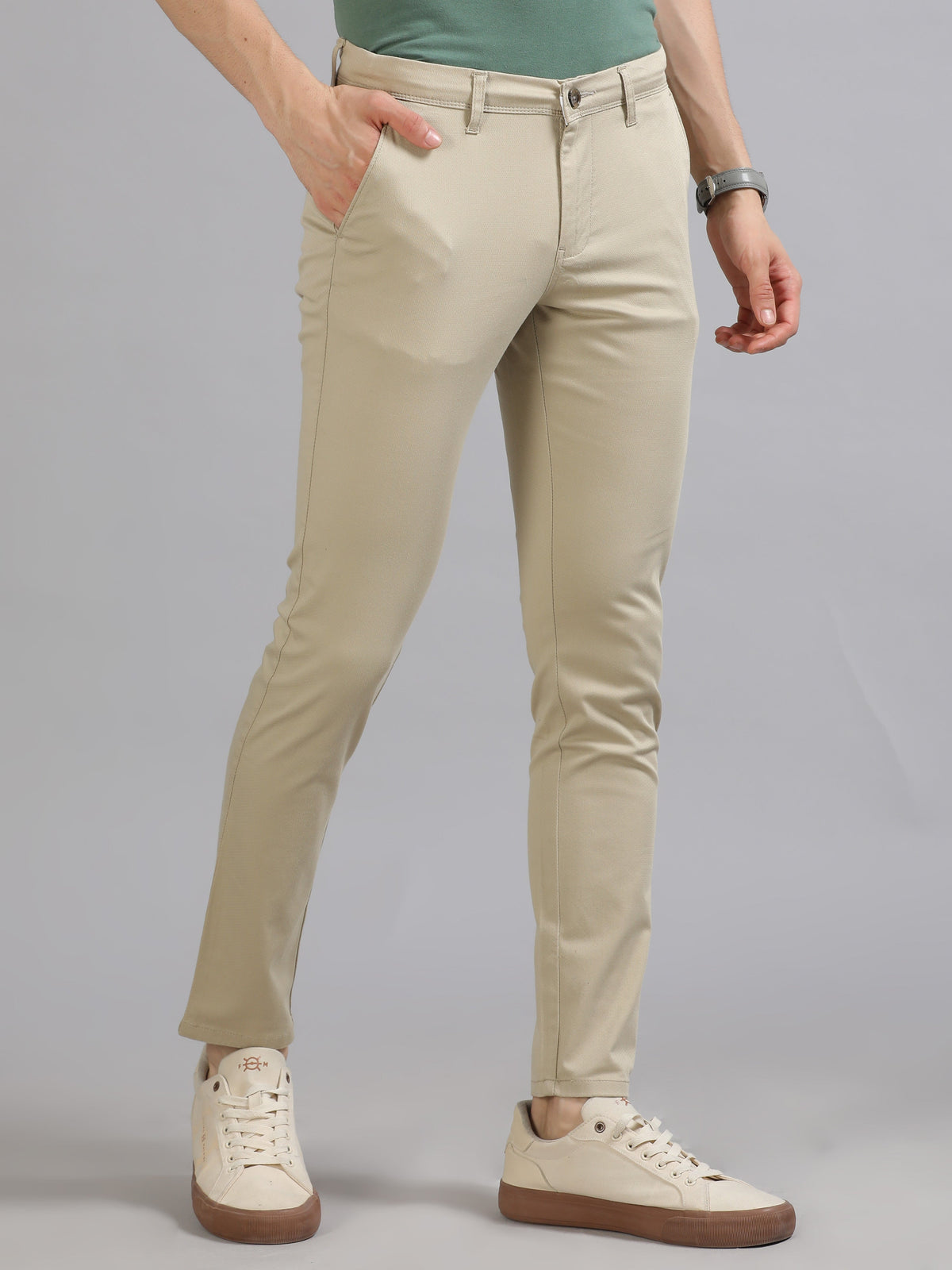 Men Beige Printed Ankle Fit Casual Trousers