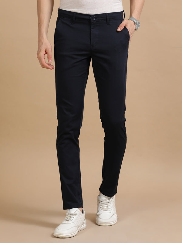 Men Navy Printed Ankle Fit Casual Trousers