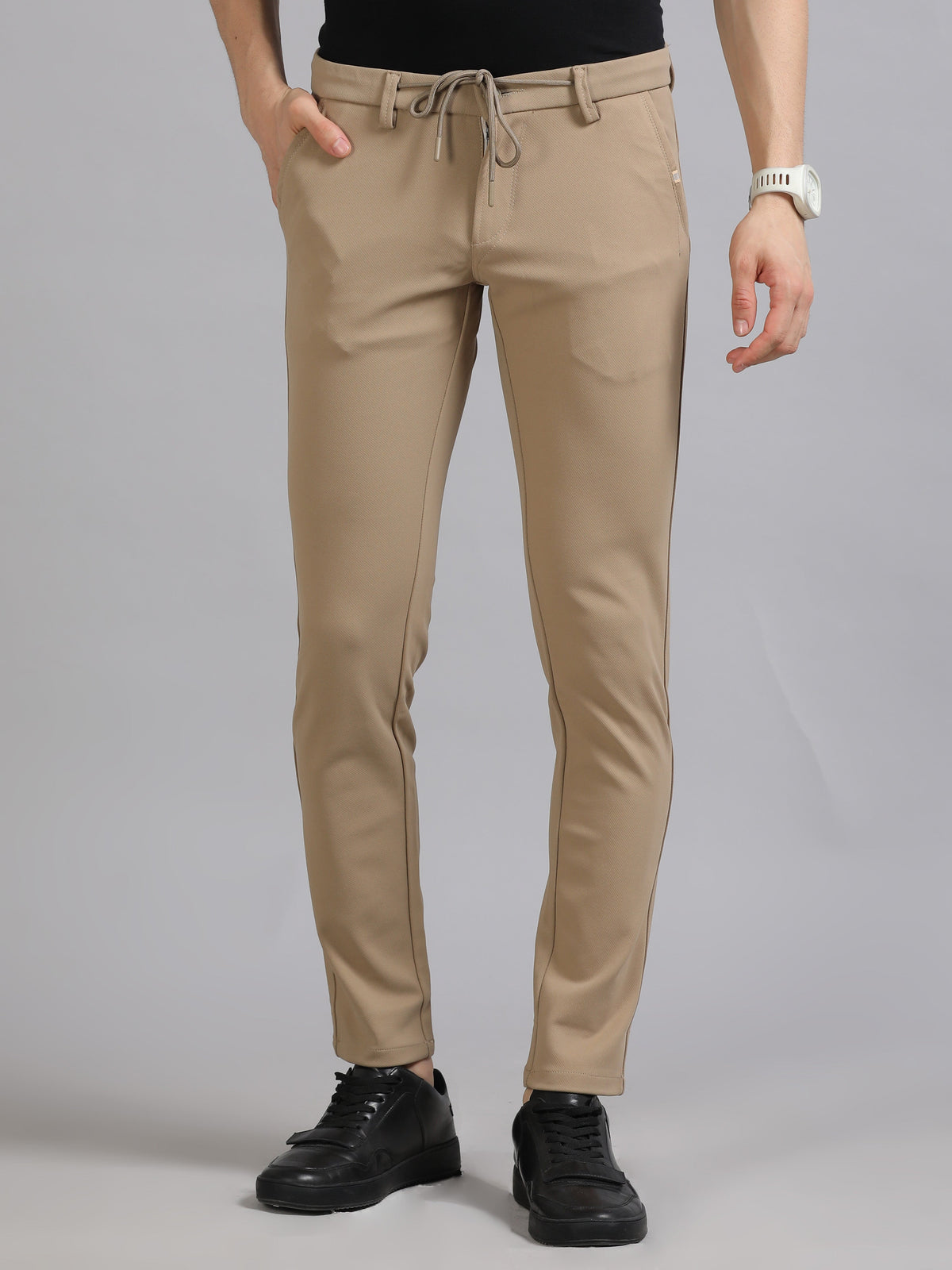 Men Khaki Ankle Fit Solid 4 Way Lycra Casual Trousers