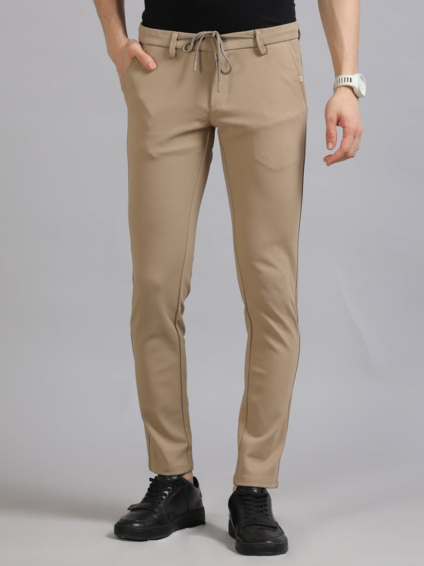 Men Khaki Ankle Fit Solid 4 Way Lycra Casual Trousers