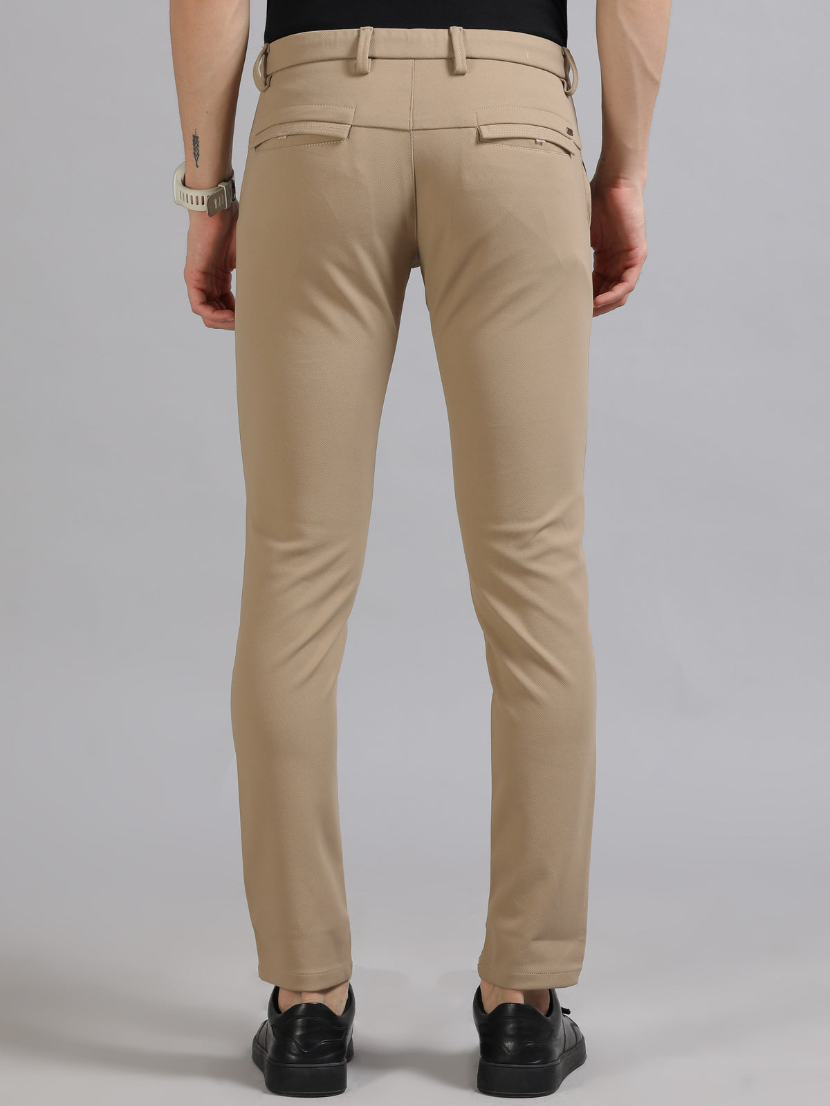 Men Khaki Ankle Fit Solid 4 Way Lycra Casual Trousers