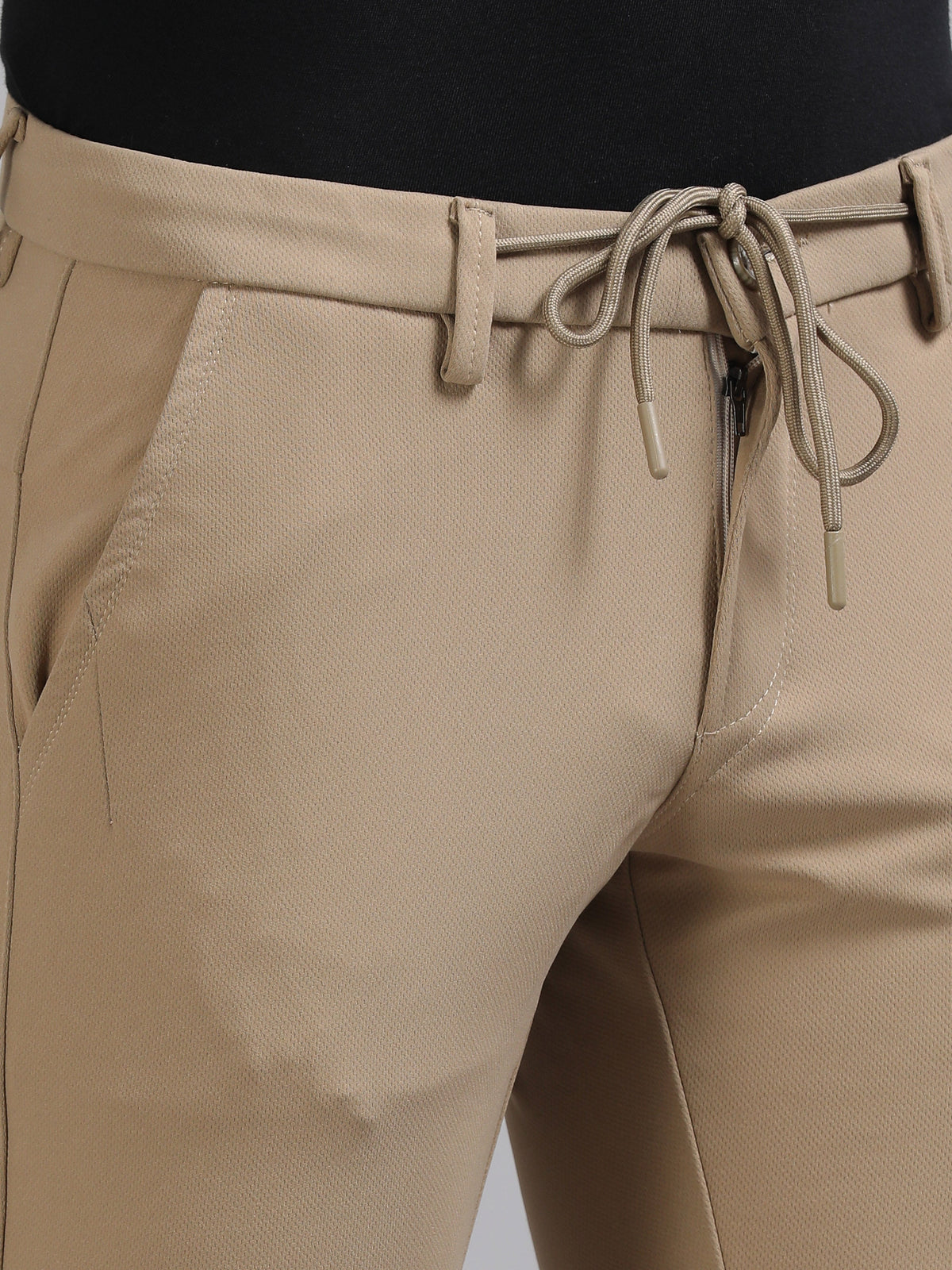 Men Khaki Ankle Fit Solid 4 Way Lycra Casual Trousers