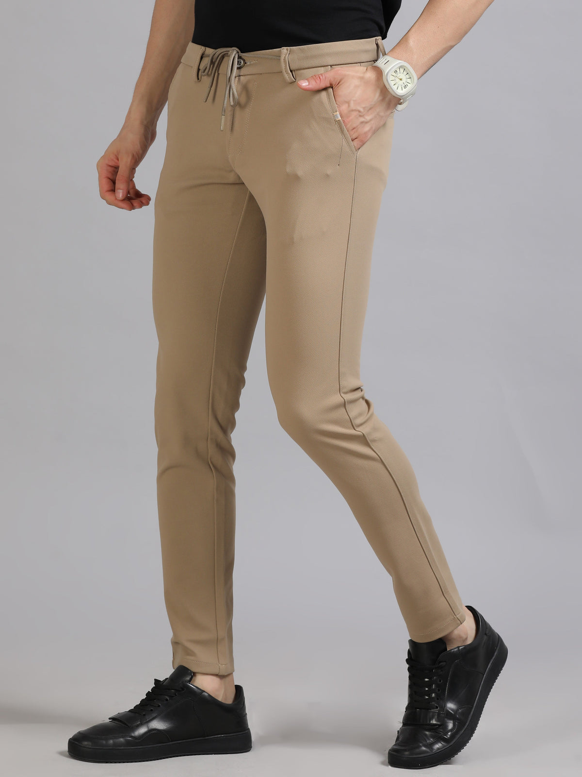 Men Khaki Ankle Fit Solid 4 Way Lycra Casual Trousers