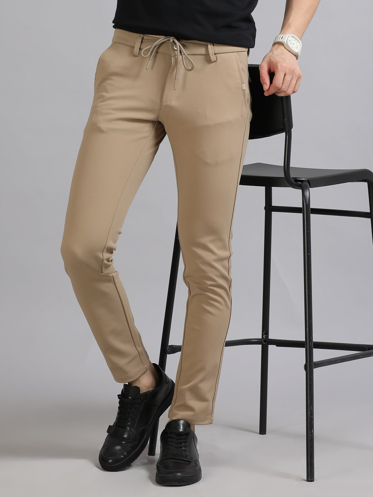 Men Khaki Ankle Fit Solid 4 Way Lycra Casual Trousers