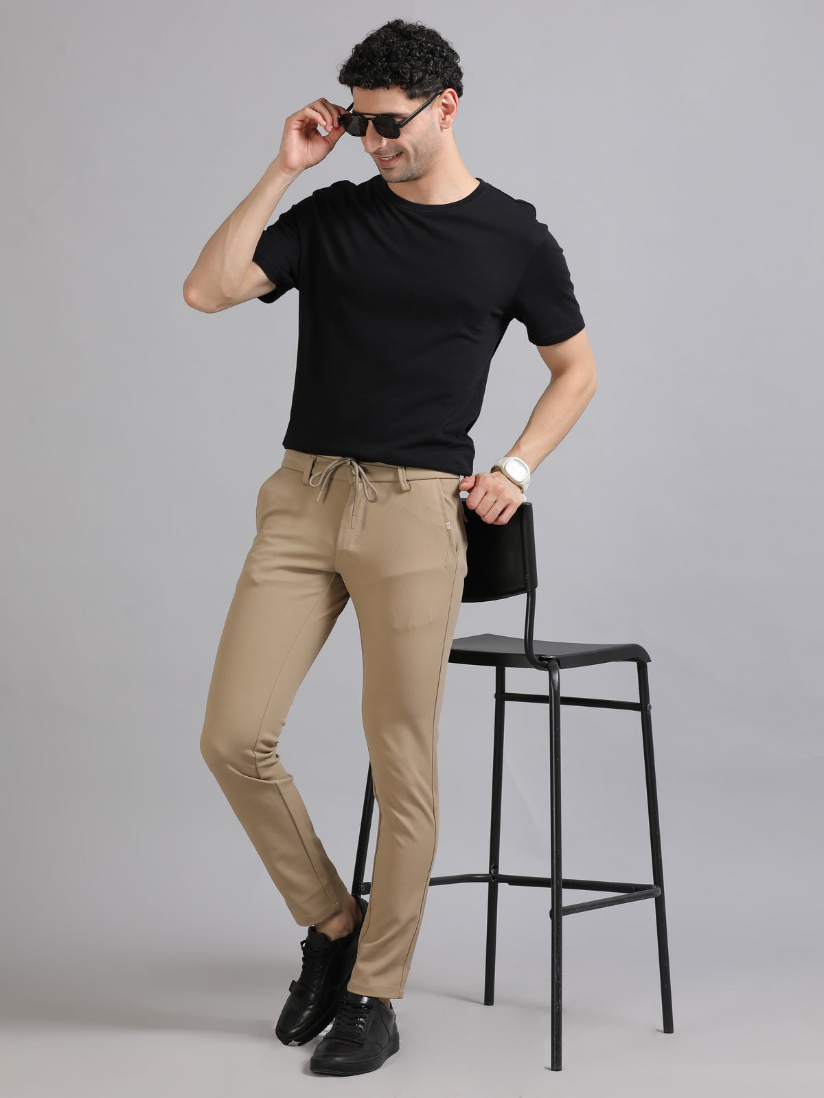 Men Khaki Ankle Fit Solid 4 Way Lycra Casual Trousers