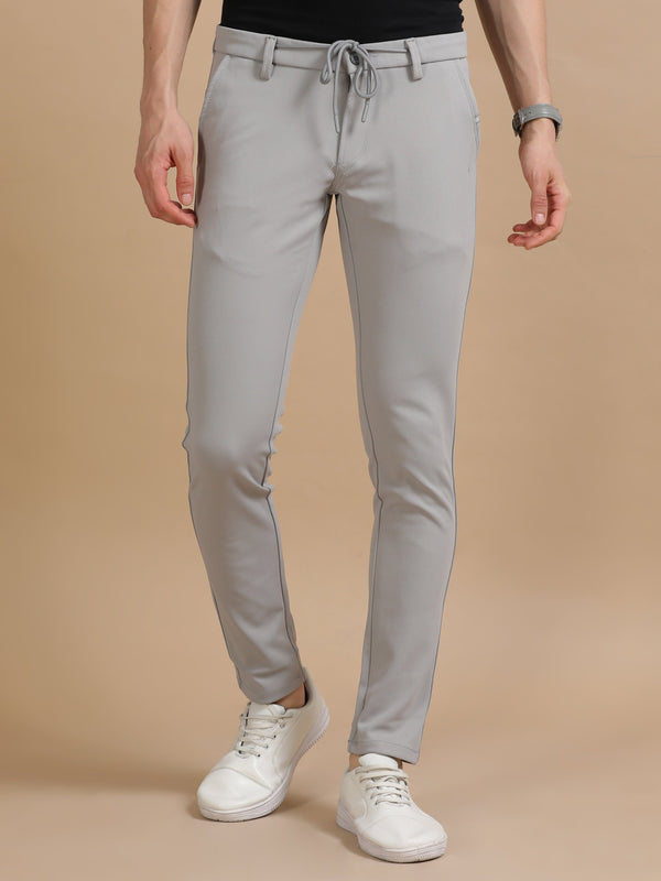 Men Grey Ankle Fit Solid 4 Way Lycra Casual Trousers
