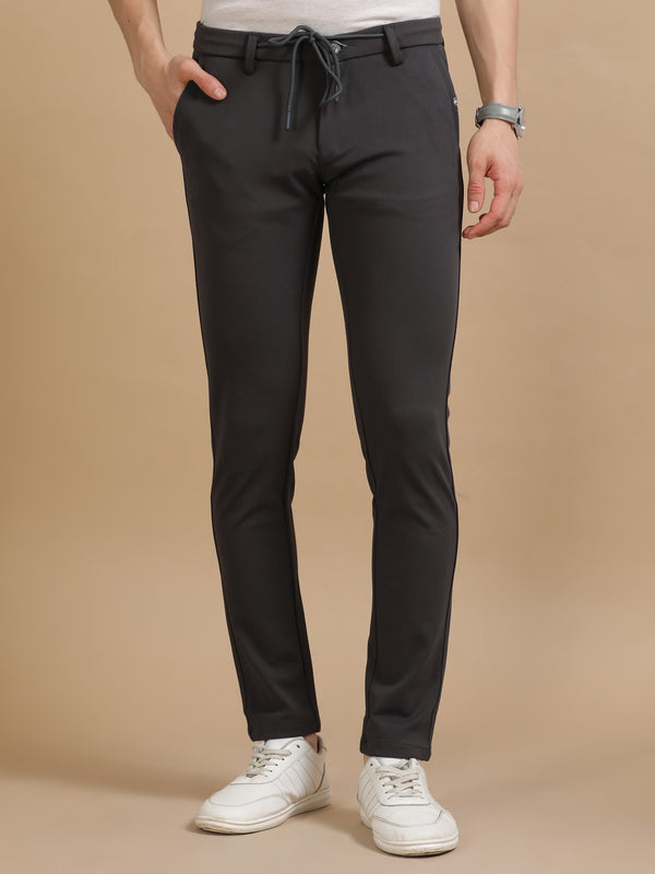 Men Dk Grey Ankle Fit 4 Way Lycra Casual Trousers