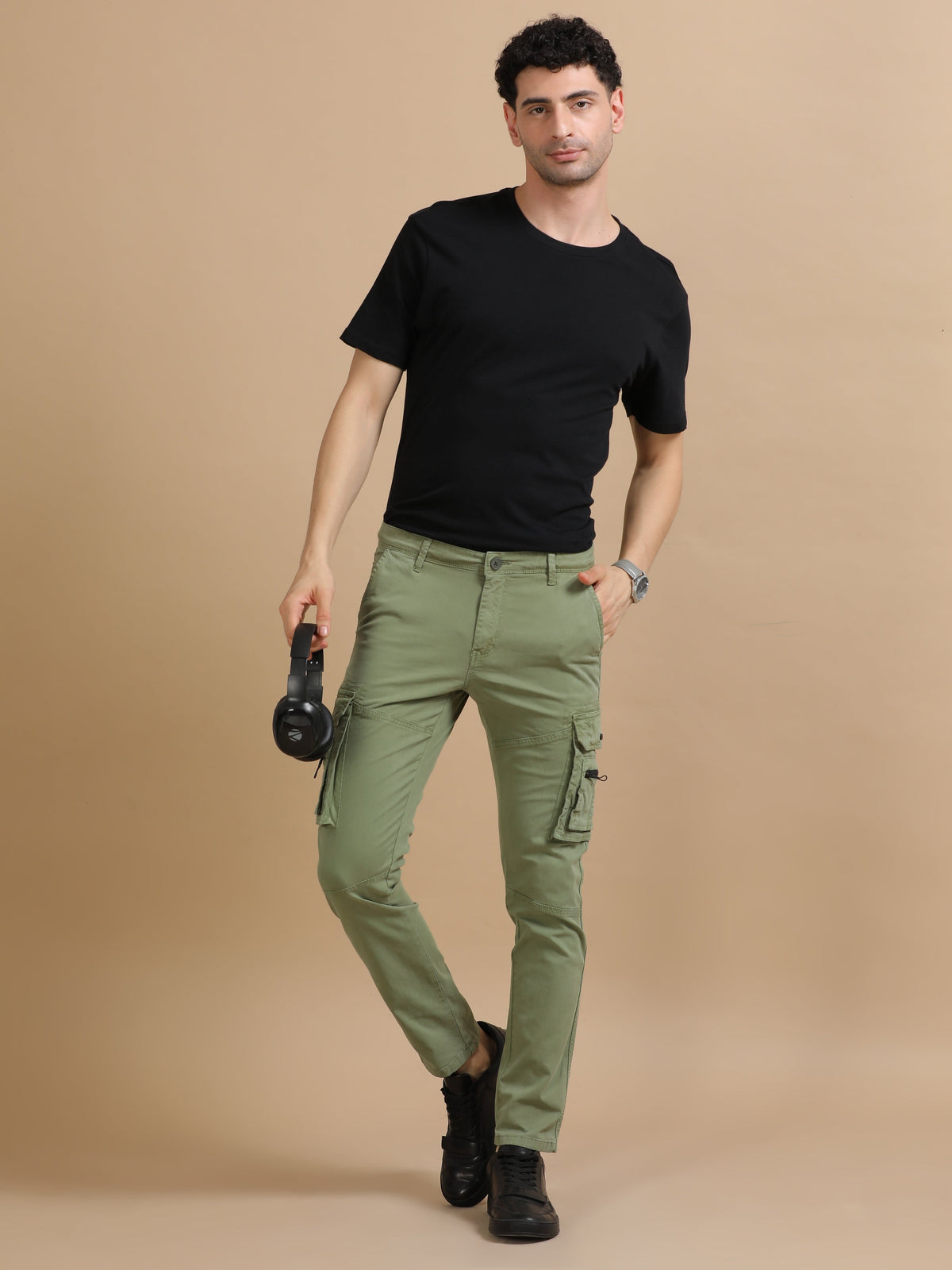 Men Olive Narrow Fit Solid Casual Jogger Pants