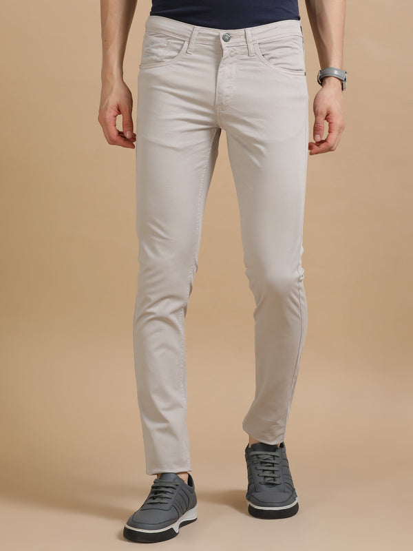 Men Beige Narrow Fit Rfd Solid Casual Trousers