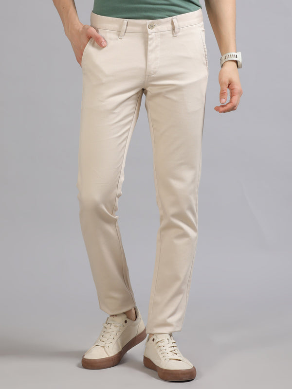 Men Cream Narrow Fit Lycra Plain Casual Trouser