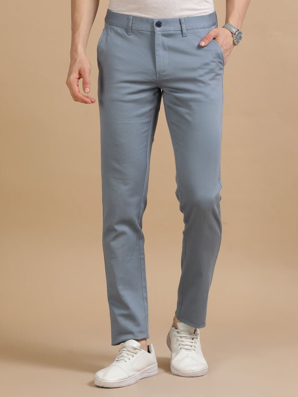 Men Blue Narrow Fit Lycra Plain Casual Trouser