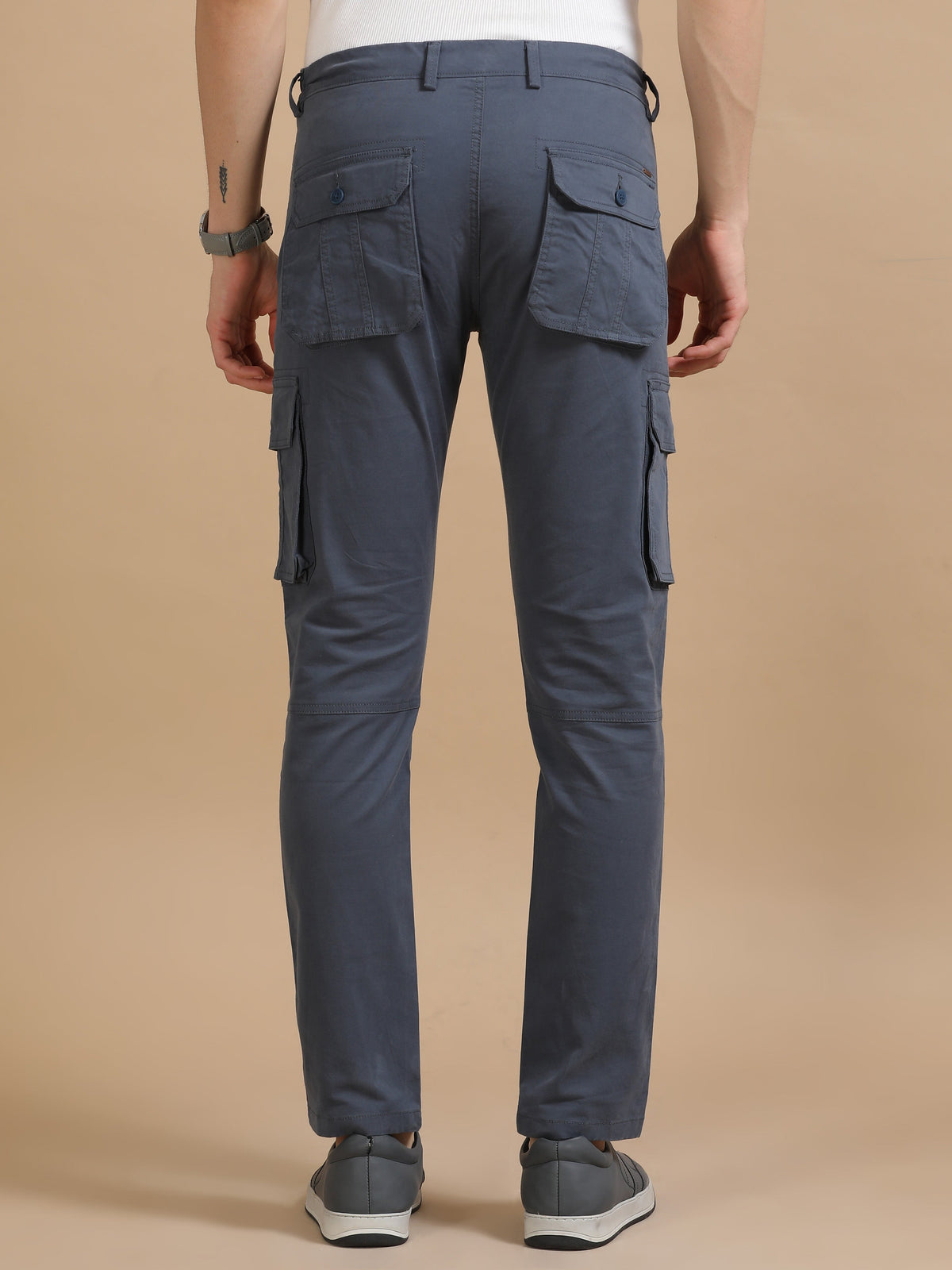 Men Dark Grey Plain Cargo Gap Twill Lycra Casual Joggers