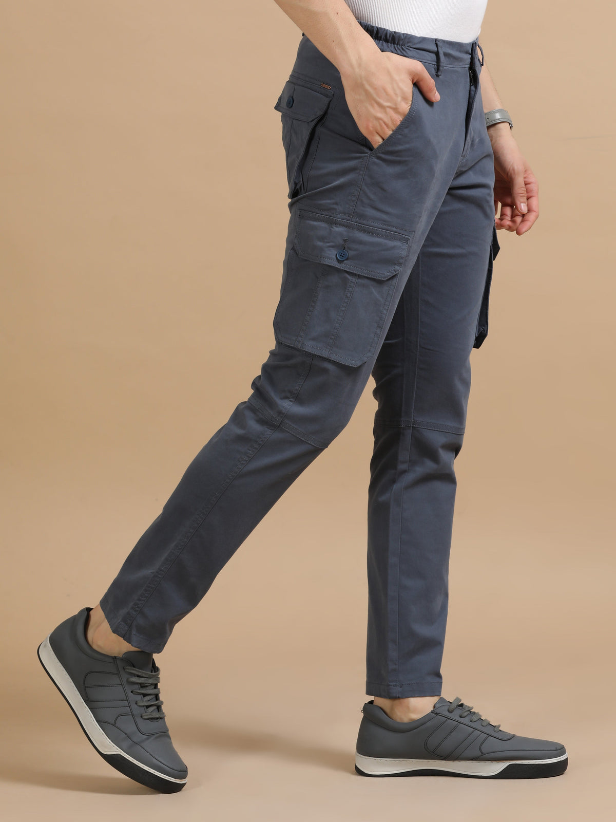 Men Dark Grey Plain Cargo Gap Twill Lycra Casual Joggers