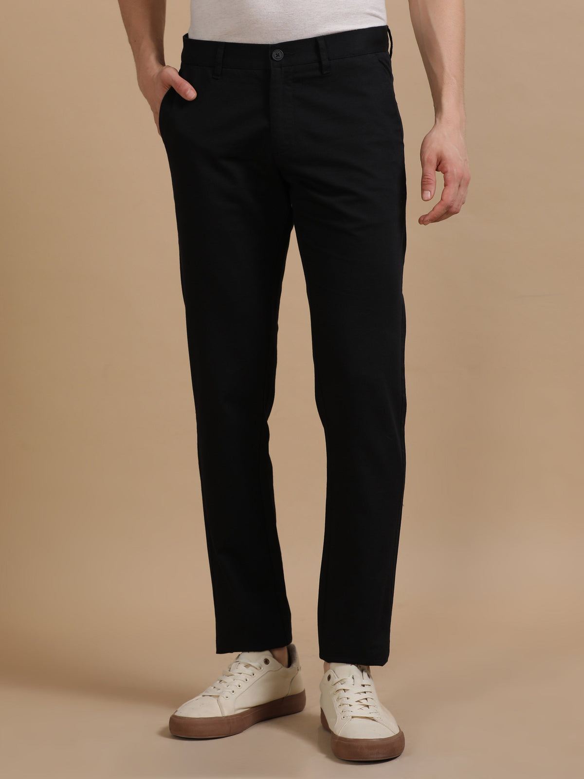 Men Black Narrow Fit Cotton Dobby Casual Trouser