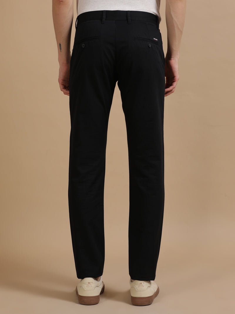 Men Black Narrow Fit Cotton Dobby Casual Trouser