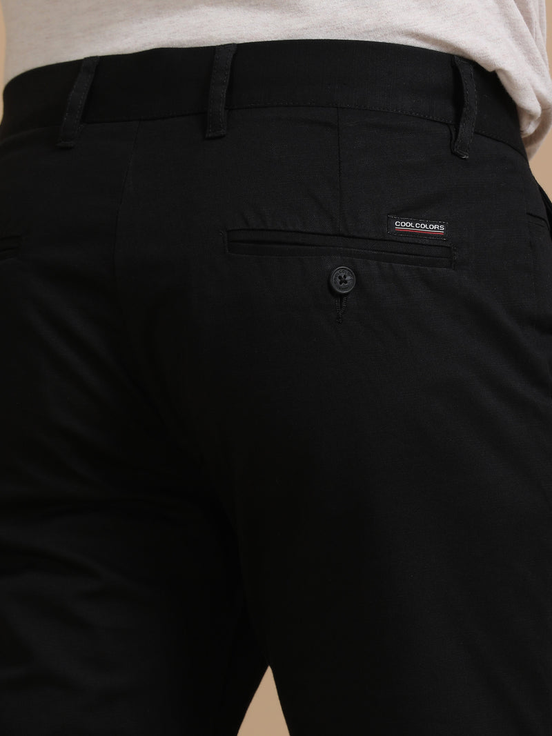 Men Black Narrow Fit Cotton Dobby Casual Trouser