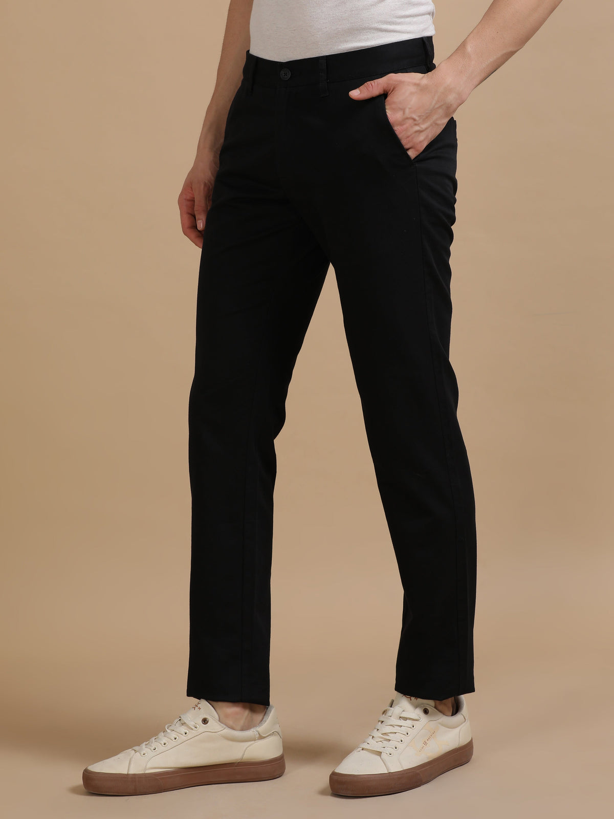 Men Black Narrow Fit Cotton Dobby Casual Trouser