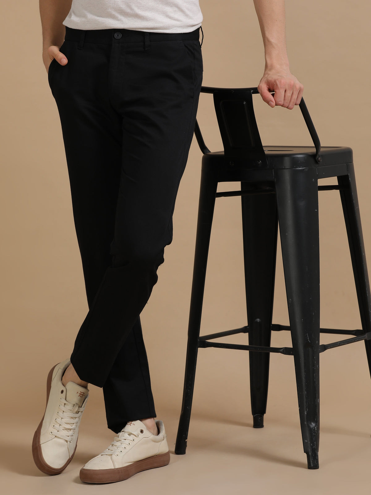 Men Black Narrow Fit Cotton Dobby Casual Trouser