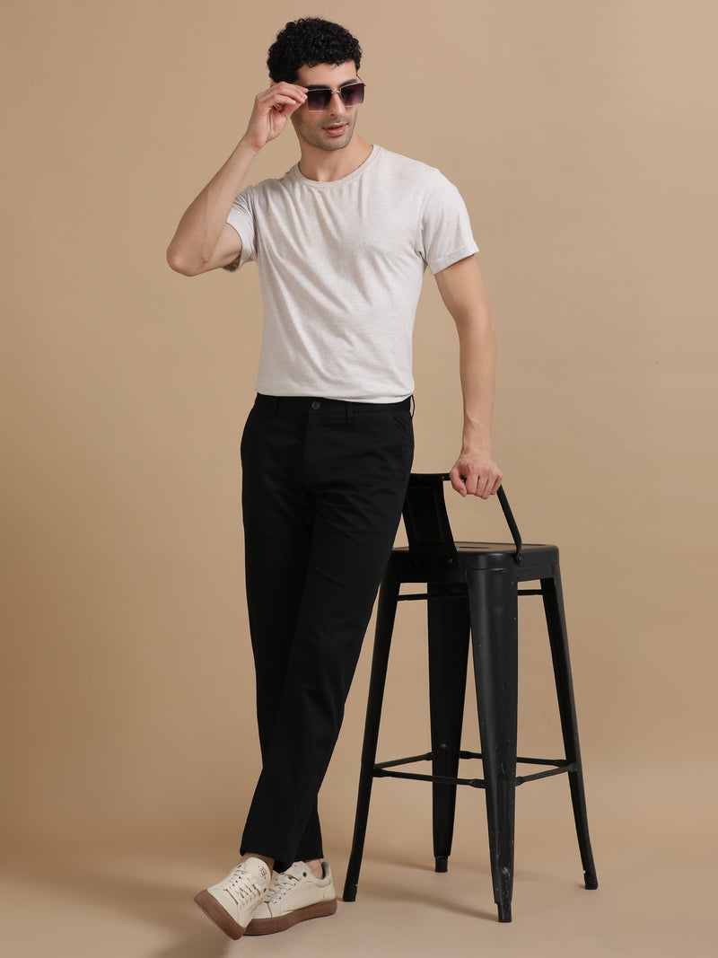 Men Black Narrow Fit Cotton Dobby Casual Trouser