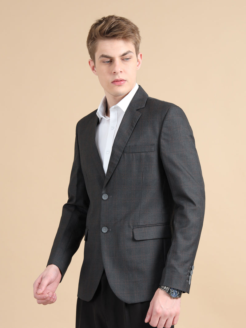 Men Grey Slim Fit Checks Full Sleeve Casual Blazer