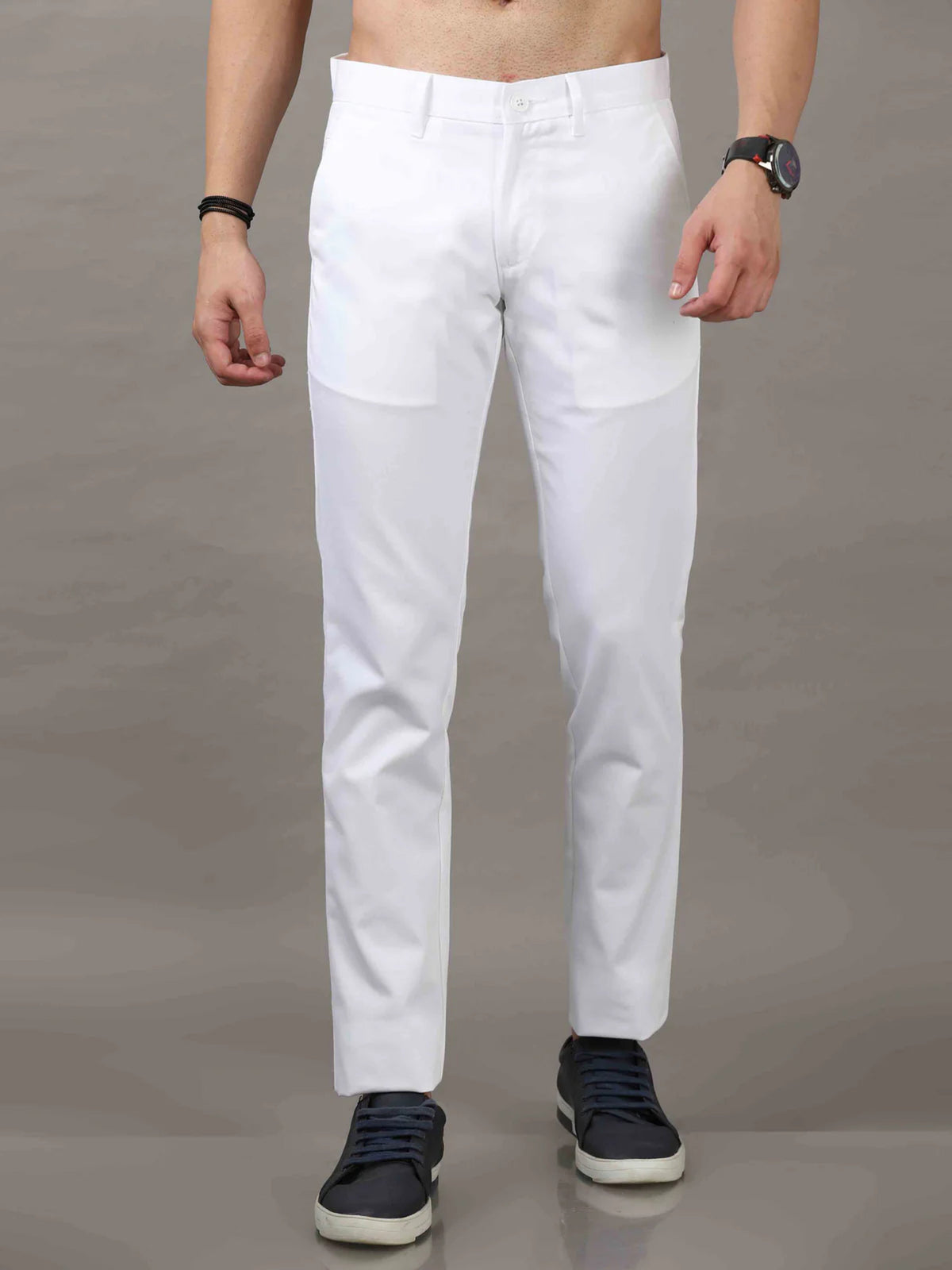 Men White Narrow Fit Solid Cotton Casual Trousers