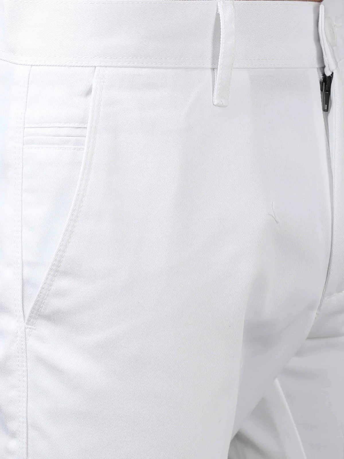 Men White Narrow Fit Solid Cotton Casual Trousers