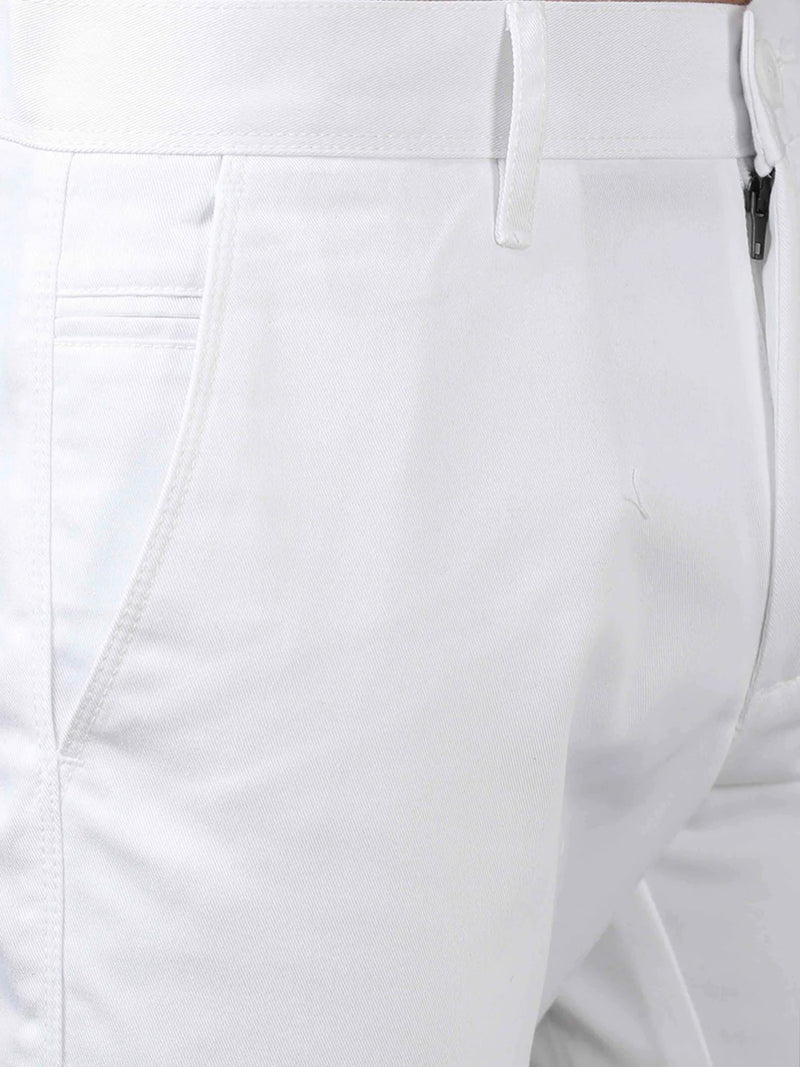 Men White Narrow Fit Solid Cotton Casual Trousers