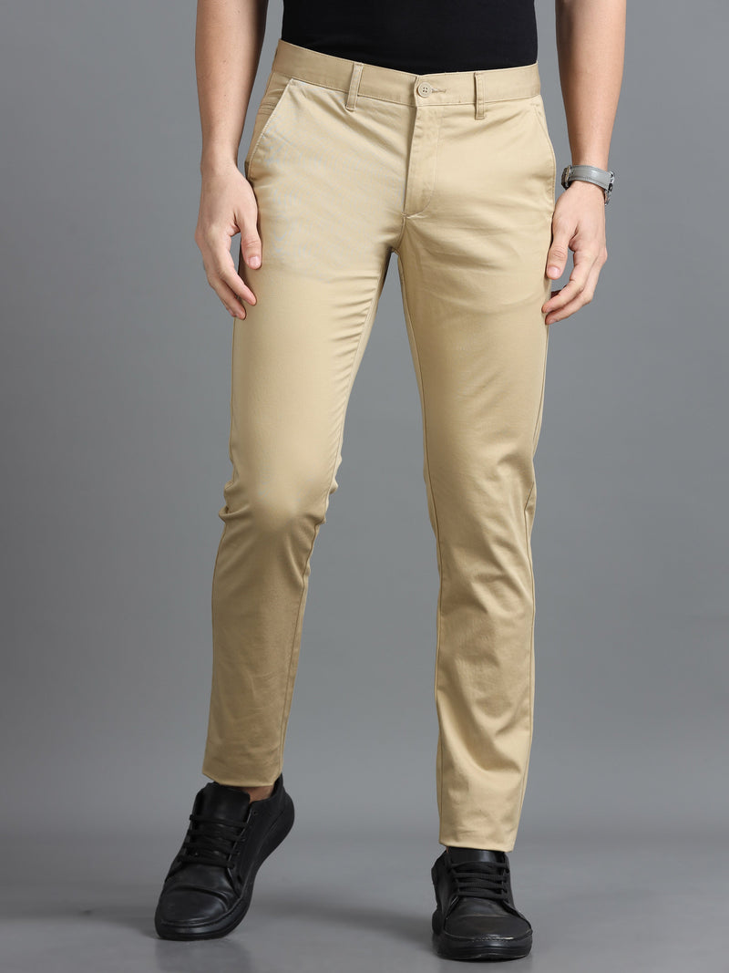 Men Khaki Narrow Fit Solid Cotton Casual Trousers