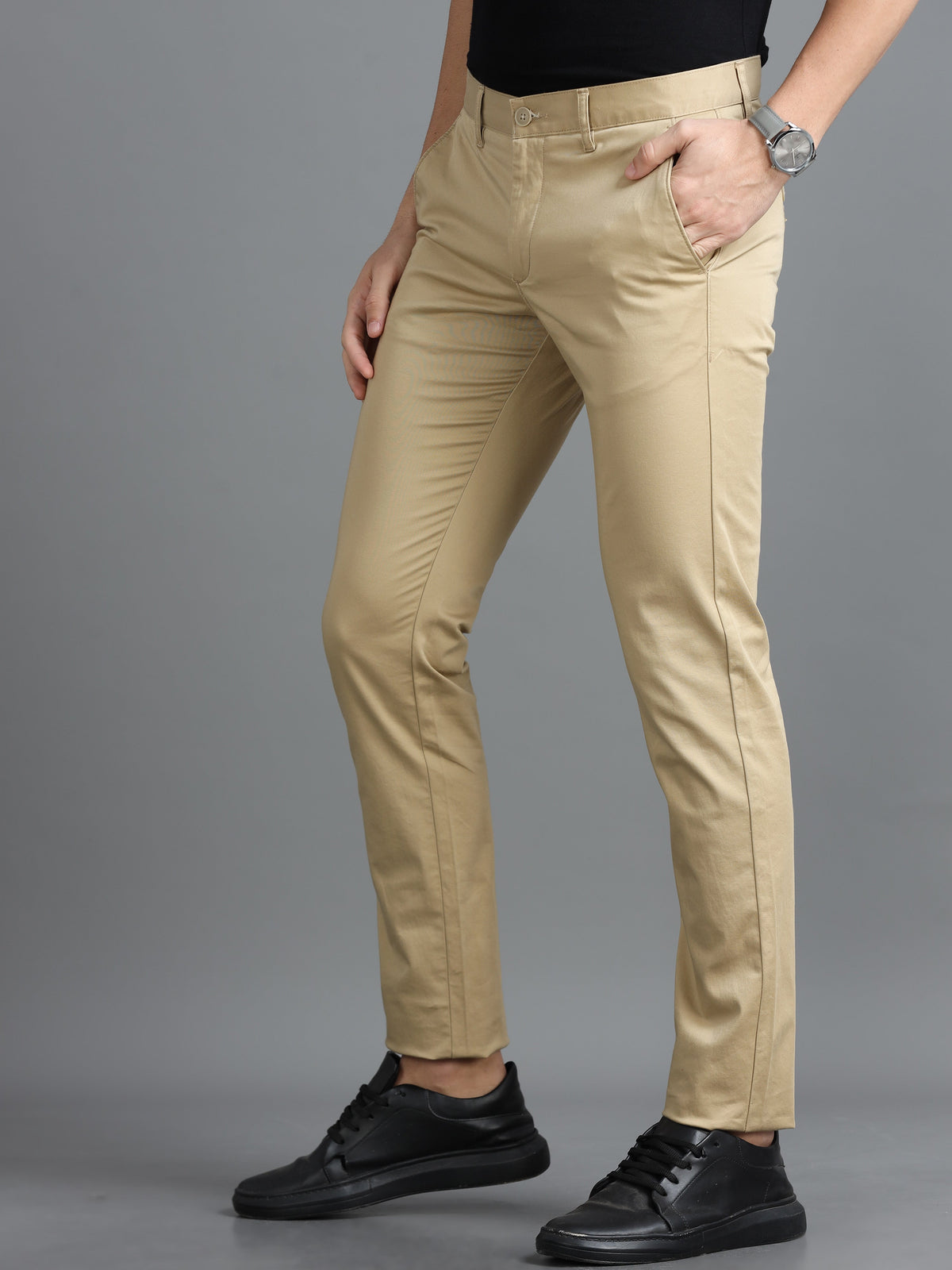 Men Khaki Narrow Fit Solid Cotton Casual Trousers