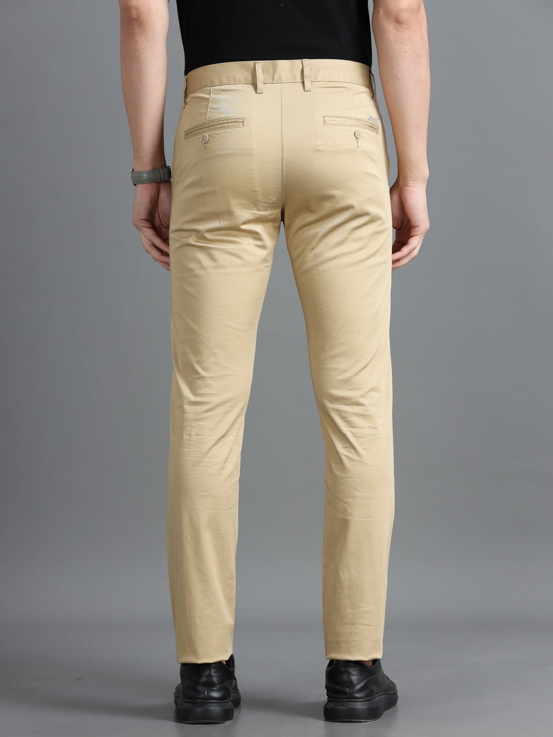 Men Khaki Narrow Fit Solid Cotton Casual Trousers