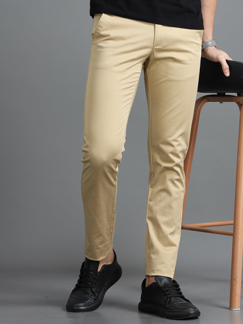 Men Khaki Narrow Fit Solid Cotton Casual Trousers