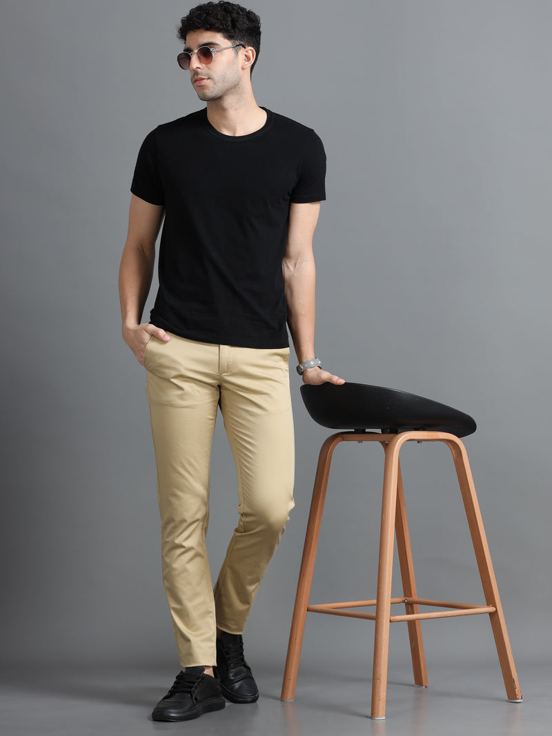 Men Khaki Narrow Fit Solid Cotton Casual Trousers