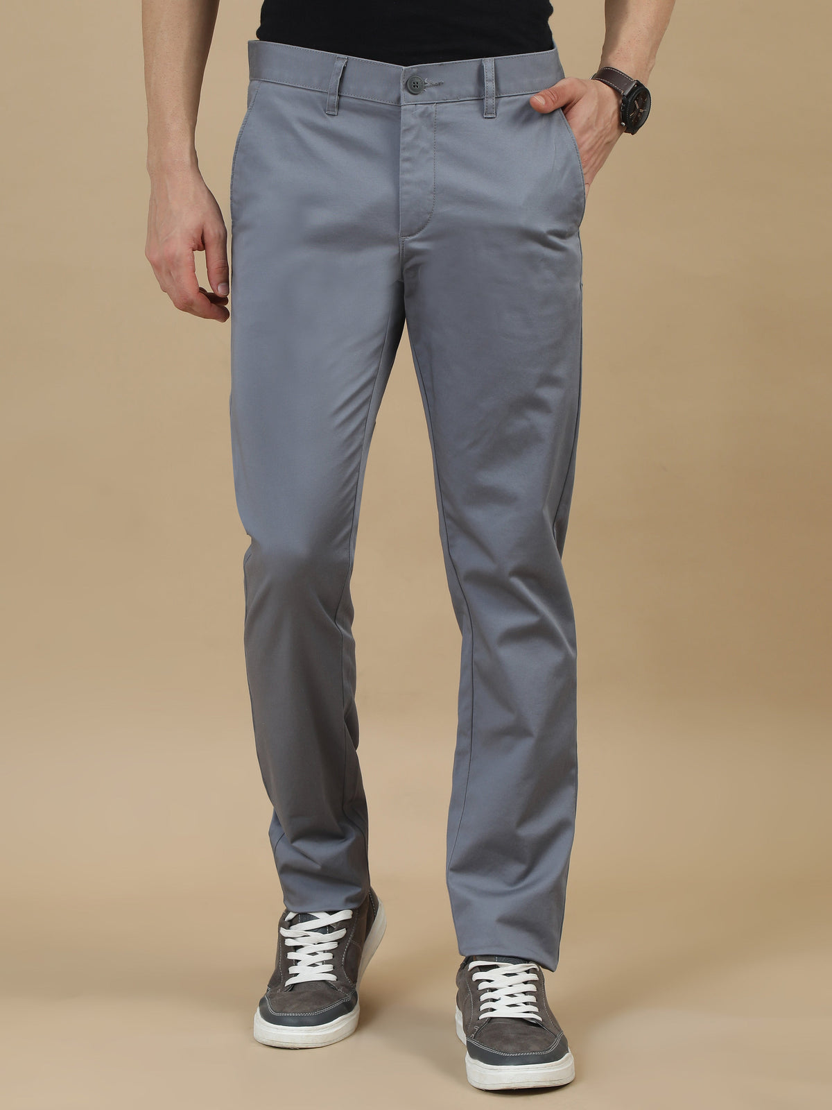 Men Grey Narrow Fit Solid Cotton Casual Trousers