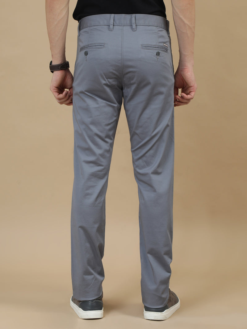 Men Grey Narrow Fit Solid Cotton Casual Trousers