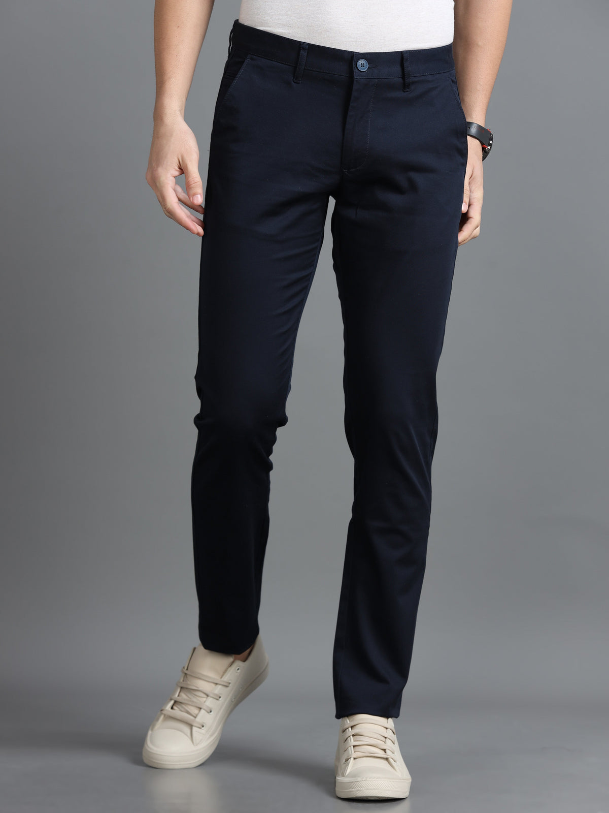 Men Navy Narrow Fit Solid Cotton Casual Trousers