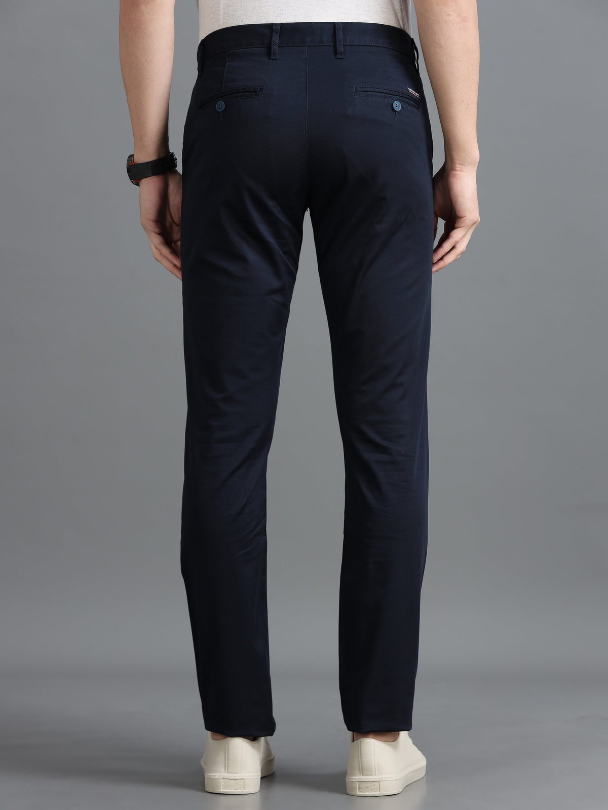 Men Navy Narrow Fit Solid Cotton Casual Trousers